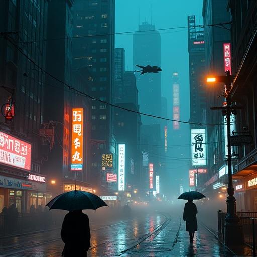 Dystopian cyberpunk city with skyscrapers. Rain-soaked streets reflect neon lights. Silhouettes walk under umbrellas. Steam rises from manholes. Flying cars in the sky. Highly detailed and cinematic.