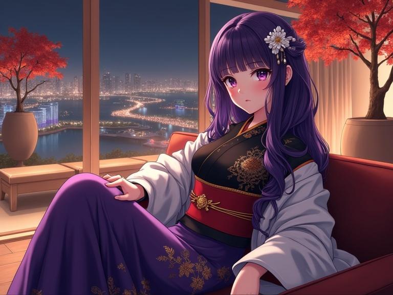 Anime-style lady with dark violet hair seated in a luxurious lounge. She has large violet eyes, confident expression, and wears a kimono with floral patterns. The setting has a city night view with warm lighting. Her pose is relaxed and elegant, reflecting peace and sophistication.