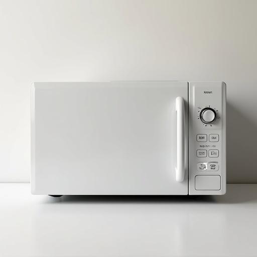 Modern microwave oven with a smooth minimalist design. Front panel lacks buttons or knobs. Placed neatly on a clean kitchen countertop. Brightly lit with soft even lighting. Neutral uncluttered background. Focus on the clean lines and smooth surfaces of the microwave.