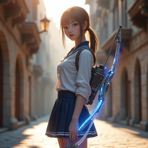 Realistic depiction of a high school girl archer. She stands in a medieval European stone street. Wears a Japanese school uniform with a white blouse and navy skirt. Carries a futuristic energy bow with a glowing blue bowstring. The background has ancient cobblestone streets under morning sunlight. The character has a calm expression, with intricate hair details and a balanced appearance. Her outfit contrasts with the historical setting, showcasing both modern and medieval elements.