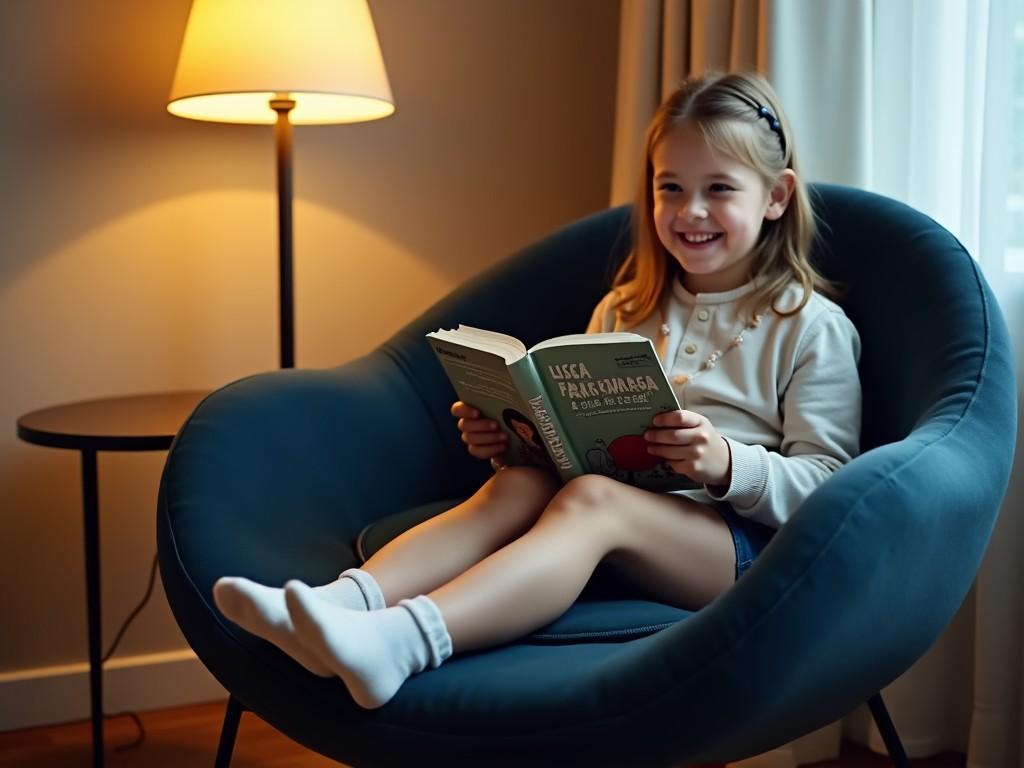 A girl is sitting comfortably in a dark blue round chair, holding a book with an amusing title. She has a joyful expression, clearly enjoying her reading time. The soft fabric of the chair invites relaxation, supported by a sturdy metallic frame. Her feet are planted on the floor in a relaxed posture, showcasing her comfort. A small lamp beside her emits a warm glow, enhancing the cozy ambiance of this reading corner.