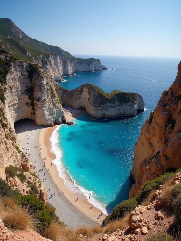 A breathtaking view of a vibrant Mediterranean beach. Soft sandy shorelines meet clear turquoise waters. High cliffs frame the beach area. Sunlight shines on the water creating sparkling reflections. People are enjoying the serene atmosphere. Lush greenery is present in the background.