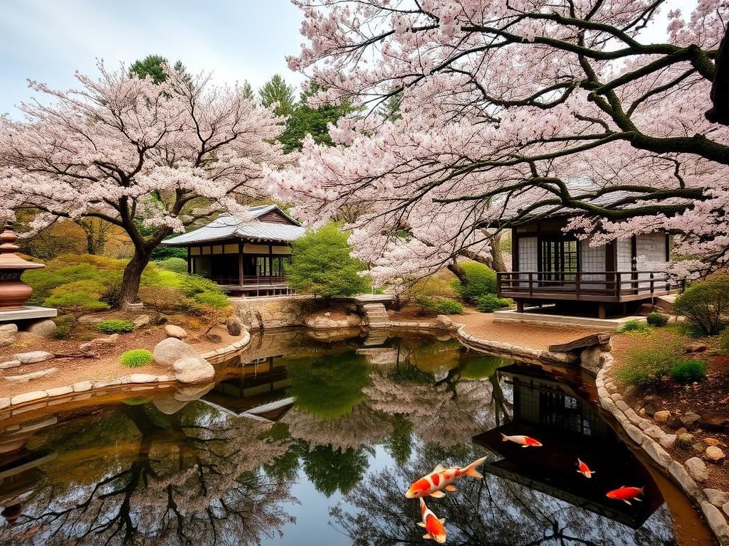 The image depicts a tranquil Japanese garden filled with blooming cherry blossom trees. A serene pond reflects the delicate pink blossoms and a small wooden pavilion, while vibrant koi fish swim gracefully beneath. The scene is infused with a sense of peace and natural beauty, evoking a feeling of calmness and introspection.