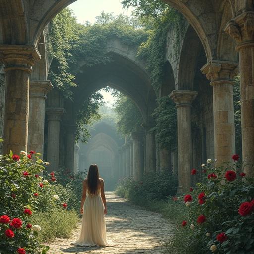 Photorealistic depiction of old church ruins covered in roses. Crumbling stone structure with broken arches. Solitary woman in long dress gazing at ruins. Natural light illuminates scene. Mood is calm and reflective. Environment blends decay of architecture with nature.