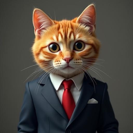 A semi-realistic cat dressed in a suit with a neutral expression. The cat features a blank stare and closed mouth, giving it a formal appearance.