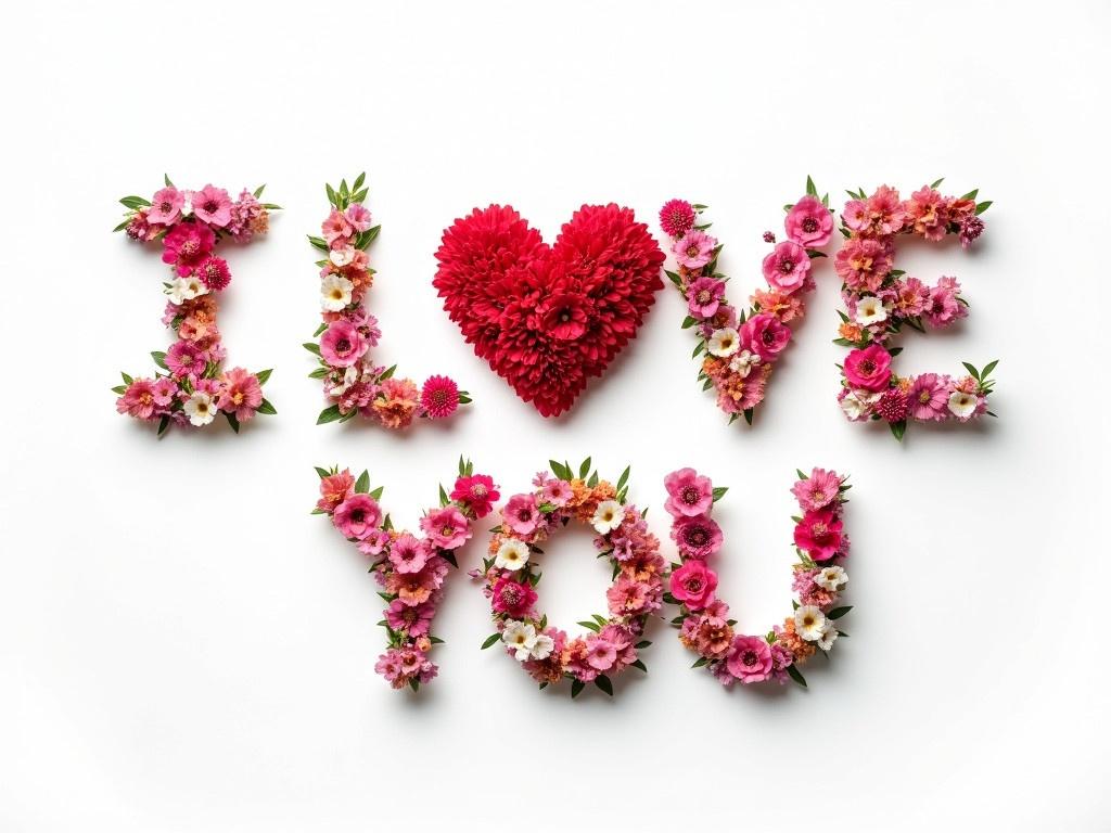 A beautiful arrangement of meadow flowers spells out 'I LOVE YOU'. The letters are creatively crafted using various vibrant blooms. Delicate flowers in shades of pink, red, and white form the words, creating a heartfelt message. The background is plain, emphasizing the flowers' colors and textures. This floral display conveys warmth and affection.