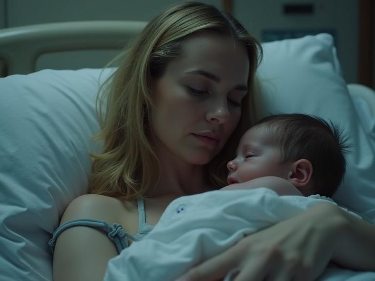 A mother with blonde hair hugs her newborn in a hospital bed. She appears tired and weary. The room is modern and clean with low lighting.