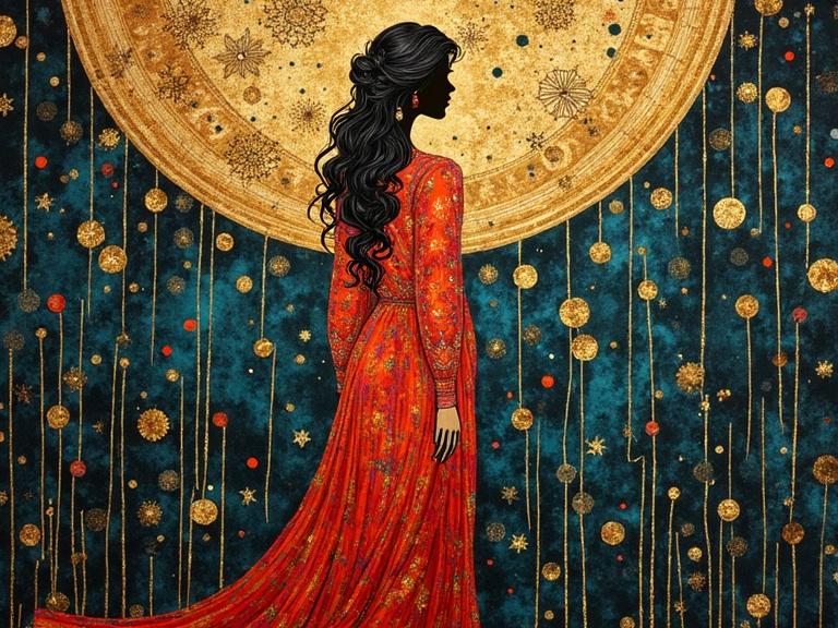 A woman stands wearing an iridescent red dress. Background features a large golden circular design. Decorated with hanging elements and stars. Artwork reflects the style of Klimt with watercolor and ink. Art Deco elements are present.
