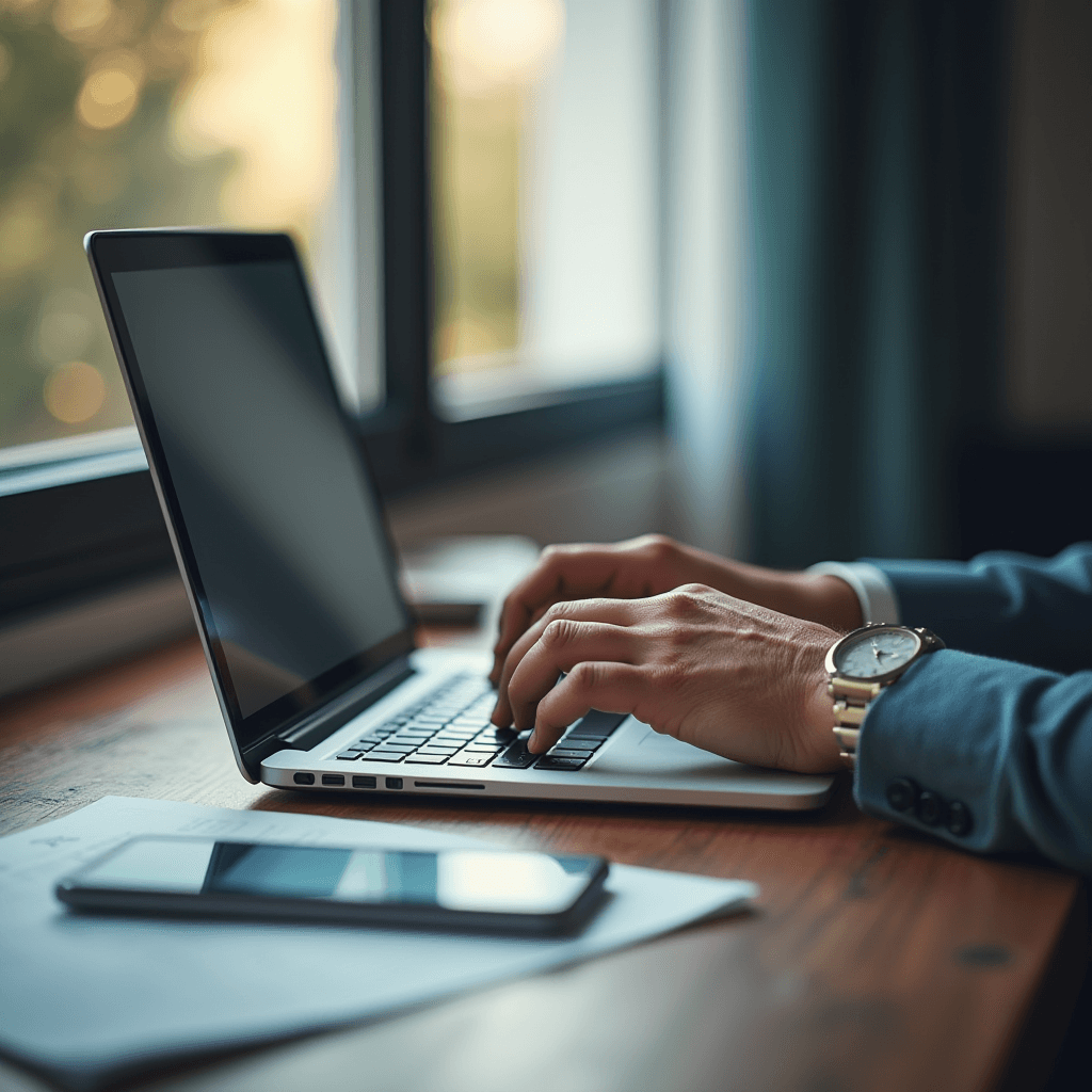 Person typing on a laptop near a window with a smartphone and papers on the table.