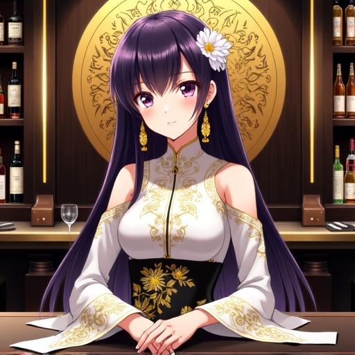 Anime-style lady with long dark violet hair. Hair adorned with white flower and golden ornament. Wearing a white top with gold patterns and black skirt. Long sleeves and elegant golden earrings. Calm expression sitting in front of bar. Background features golden emblem and bottles.