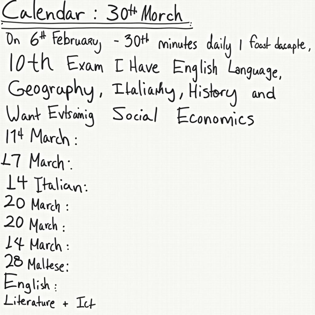 This image is a study calendar detailing important dates and subjects for preparation. It includes exams for Math, English, Geography, History, Italian, Maltese, Physics, and English Literature throughout March. The user aims to dedicate 30 minutes daily for studying, with sessions planned for the afternoon. The focus is on specific subjects, particularly Maltese, Maths, Physics, and English Literature. The calendar starts in December, highlighting the importance of consistent study. This organization helps manage time effectively leading up to exams.