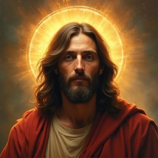 Depiction of Jesus with a glowing halo. Soft lighting creates a divine atmosphere. The subject emits a sense of peace and holiness. The image uses warm colors like gold and orange. Attention is drawn to the halo as the main feature of the painting.