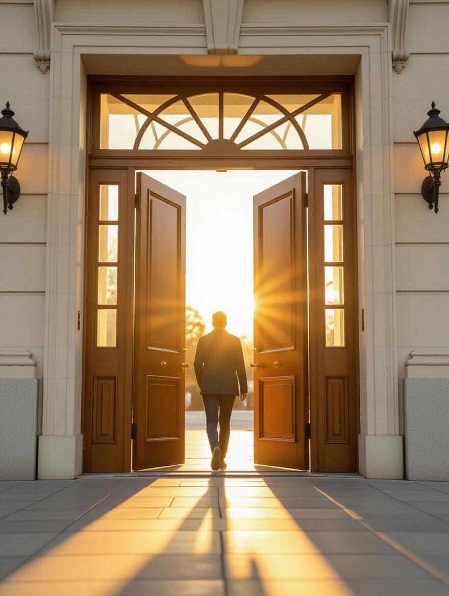 An open door with golden light. A person steps across the threshold. Visual metaphor for transition and readiness.