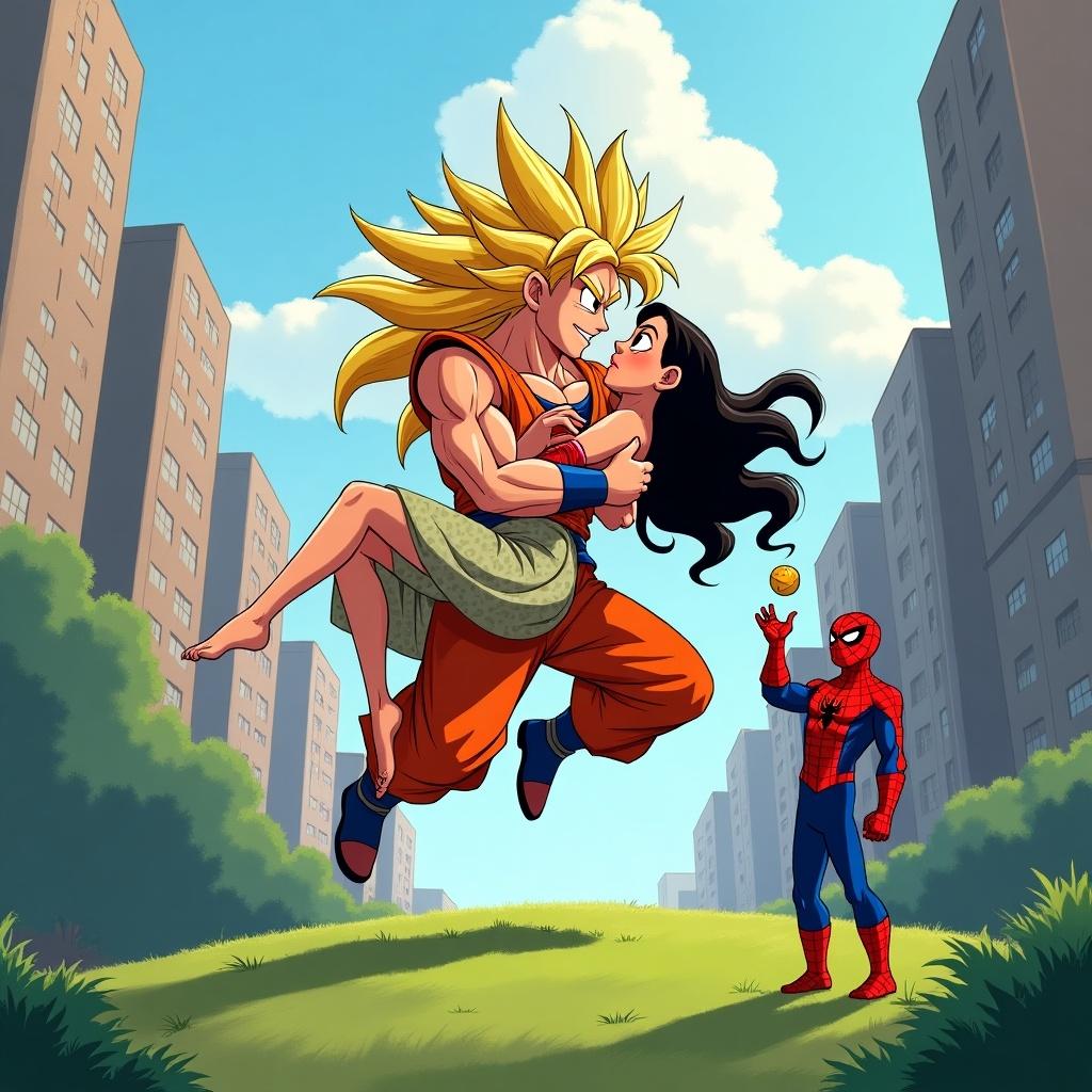 Animated scene featuring Goku in Super Saiyan form landing in New York City. He holds Moana in traditional attire. Spider-Man tosses a ball nearby. Iconic skyscrapers in the background. Characters designed in vibrant colors. Whimsical and dynamic motion.