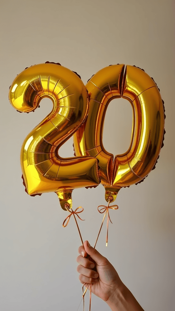 A hand holds up gold foil balloons shaped as the number '20' against a plain background.