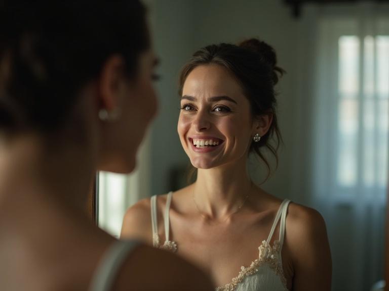 A woman stands in front of a mirror. She's dressed elegantly, her makeup flawless with a bright smile on her face. In the mirror reflection, she cries, her mascara running, revealing her deep sadness. The room is softly lit by natural light from a window, with a clean background. This creates an emotional contrast between her expression and her mirror image.