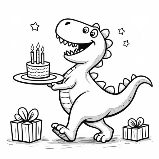 Cartoon style dinosaur walking happily carrying plate with cake holding candles surrounded by gift boxes and decorations