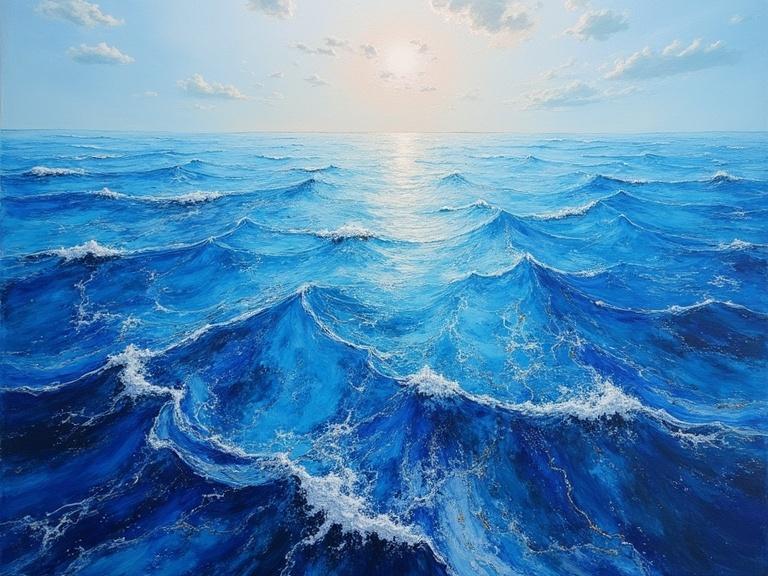 Painting depicts a blue ocean with waves resembling crystal texture. A bright horizon glows with sunlight. Heavy and detailed strokes create a textured look. Mixed media techniques including oil, acrylic and watercolor are used to capture the ocean's beauty.