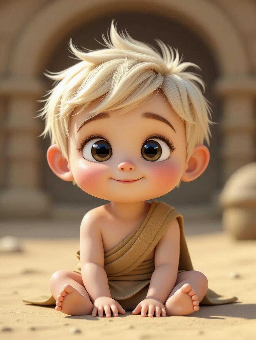 0 years old baby boy in ancient background. Soft short blonde hair. Round face. Bright big eyes. Small nose. Full body frontal view. 3D cartoon style.