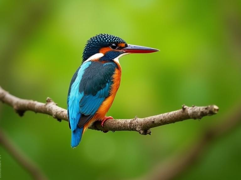Photograph of a small kingfisher bird perched on a thin branch. Bird is facing left with detailed feathers. Blue and orange plumage, sharp beak. Green blurred background with natural light. Shallow depth of field. Bird is centered with branch diagonally across the image. Head slightly tilted up. Texture of the bark visible with soft green bokeh background. Calm and peaceful atmosphere.