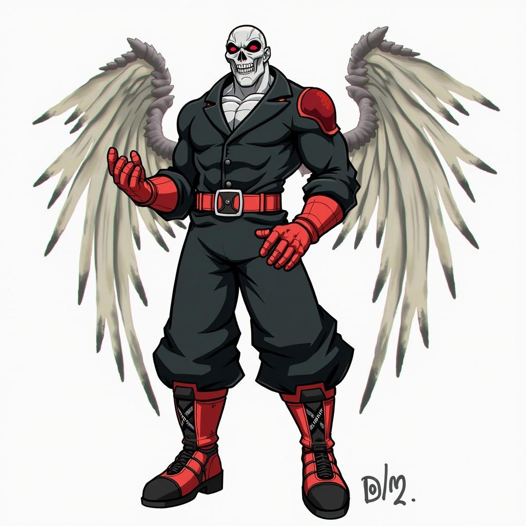 Man with muscular build. Character wears black outfit with red accents. Large wings extending from back. Character has heroic pose. No face details visible.