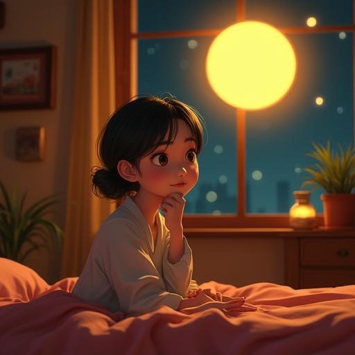 Animated lady sitting in a cozy earthy bedroom with a thoughtful expression. Nightlights filter through the window. A glowing yellow orb hovers above her head.