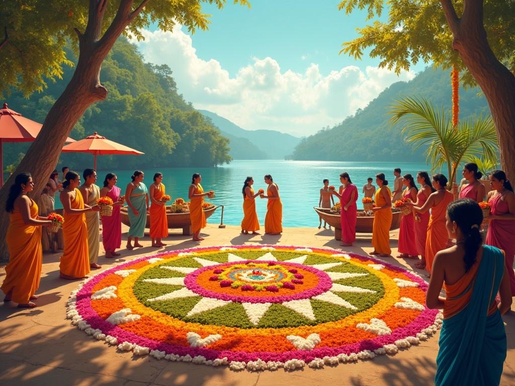 This image depicts a vibrant outdoor celebration for Onam, a traditional festival in South India. A large floral arrangement, known as 'Pookalam,' is beautifully crafted on the ground. Women in colorful sarees gracefully dance around the floral design. The serene lake and lush mountains provide a stunning backdrop, enhancing the festive ambience. Sunlight filters through the trees, creating a warm atmosphere. Various flowers of bright colors are used in the decoration, symbolizing joy and wealth. The gathering reflects a sense of community and cultural richness.