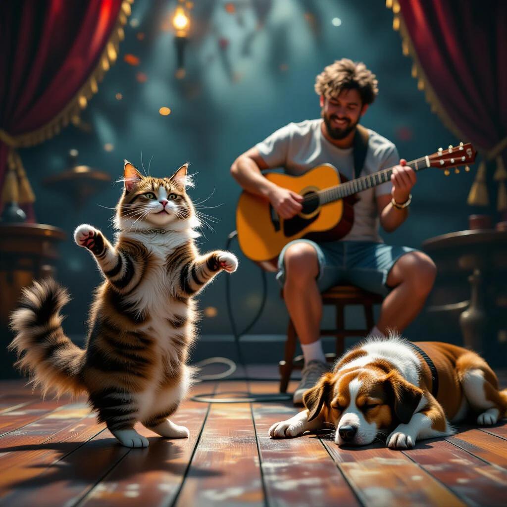 A cat dances joyfully spinning on a wooden floor. A guitarist plays energetically in casual shorts and a torn T-shirt. A sleeping dog stirs with its left ear perking up. Scene features detailed matte painting style and vibrant complementary colors.