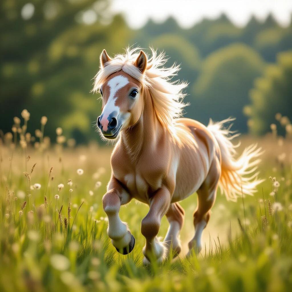 Pony named Olivia galloping happily in a sunny meadow. Soft light shines on a beautiful green landscape. Pony has a light blonde mane and gallops joyfully across the field.
