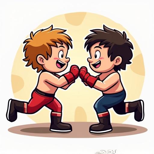 Logo for wrestling club shows two small kids play-fighting in a cartoon style. They wear red and blue wrestling outfits and are smiling while posing.
