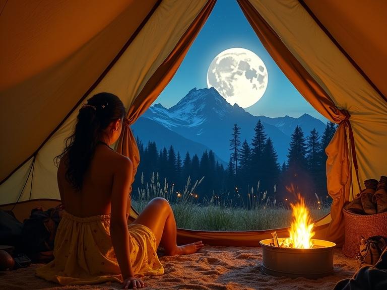Inside a tan canvas tent. Nude Cleopatra sits near the entrance. She gazes at a breathtaking alpine vista. A huge moon dominates the night sky. A small fire burns in a metal container. The fire casts warm light. The tent opens to a majestic snow-capped mountain peak. The moonlight bathes the landscape. Tall grasses and trees surround the tent. Fireflies drift among the foliage. The hiker enjoys the serene beauty.