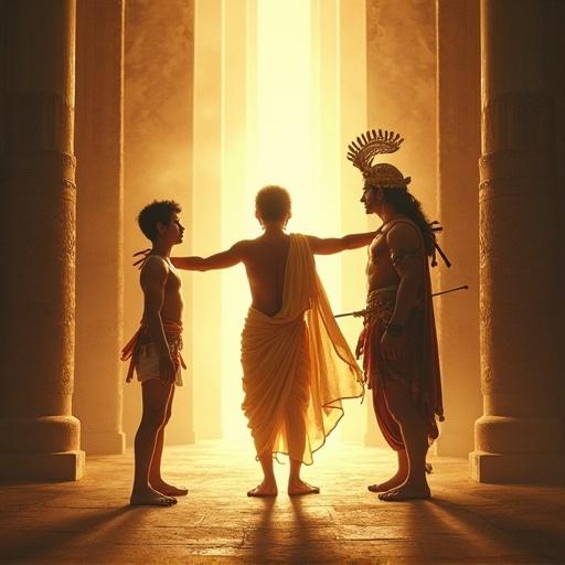 Symbolic scene of a young charioteer's son on one side looking up barefoot. On the opposite side, he appears as a crowned warrior with fierce expression holding a bow. Duryodhana stands between them, arms extended. Bright light flows from Duryodhana to Karna.