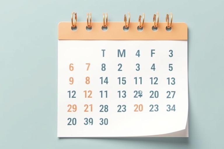 A simple page a day calendar displayed on a light blue surface. The calendar features a clean layout with week dates clearly marked. The edge of the calendar is slightly curled, showing a realistic texture. Elegant choice of colors including soft orange and blue used for date highlights.