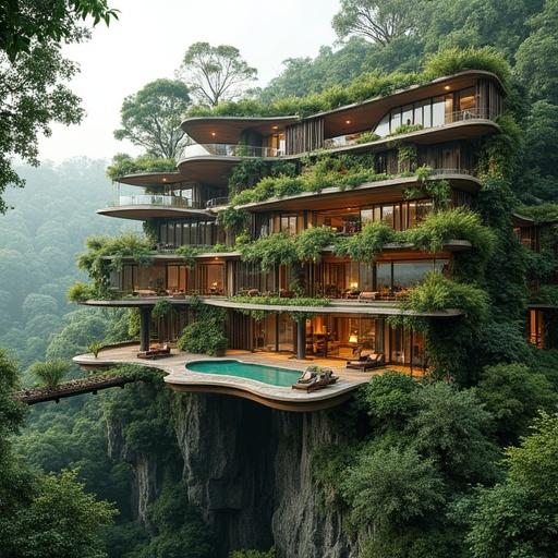 Modern jungle hotel showing a biophilic design. Name visible is Canopy Heights Resort. Structure blends with rainforest using wood, glass, and greenery.