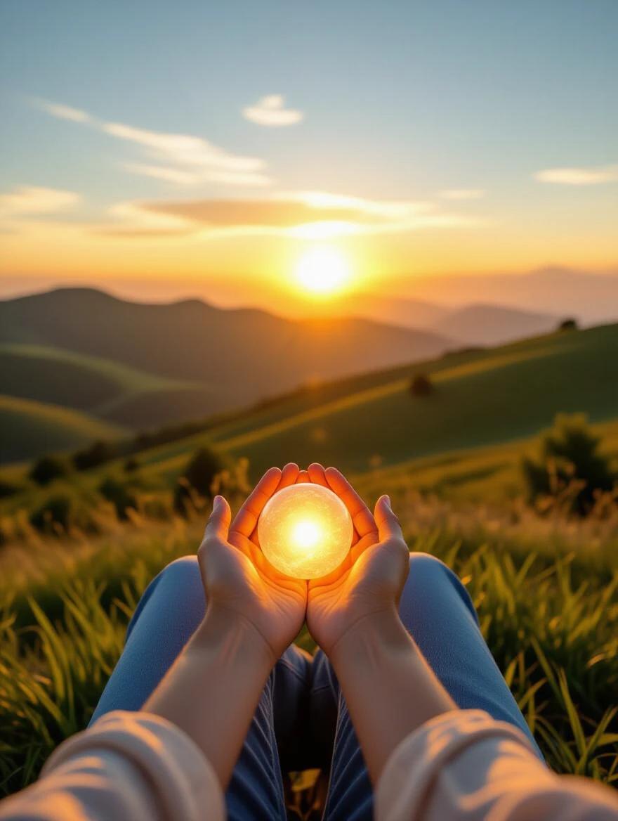 Person sits peacefully on a hilltop at sunrise. Serene expression visible. Sun rising with warm golden light. Emphasis on hands holding glowing orb. Symbolizes ideas and desires. Radiant glow illuminates face. Lush green landscape with rolling hills and clear blue sky.