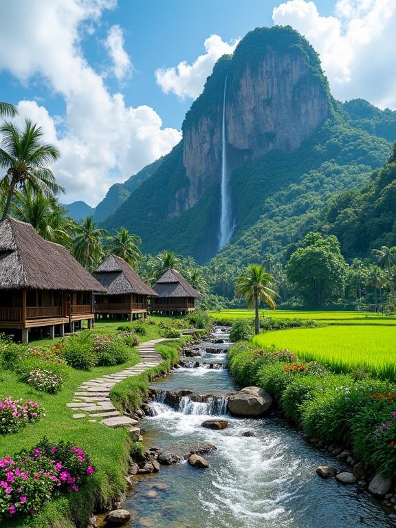 Scenic landscape with traditional huts along river. Lush greenery surrounds. Waterfall descends from rocky mountain. Vibrant flowers decorate area. Winding stone path by river. Bright blue sky with clouds.