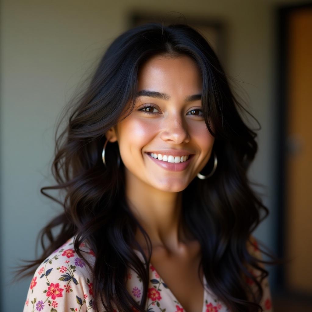 A woman with long black hair wears a floral top. She smiles warmly at the camera. Her eyes are squinted joyfully. The lighting is gentle, radiating warmth on her face. Soft hair frames her face, enhancing her inviting look. The background is blurred, focusing on her bright smile.