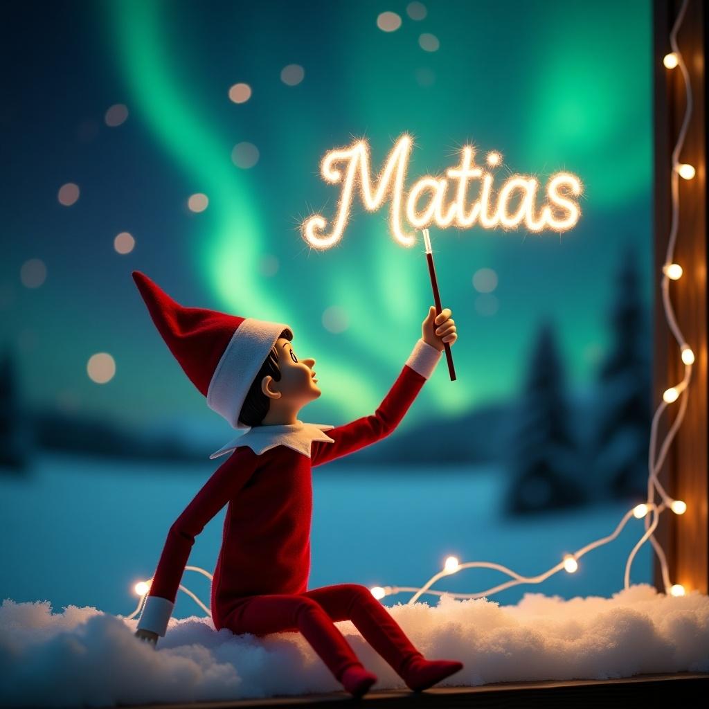 Enchanting Christmas scene. Elf on the shelf dressed in red and white. Facing sky with back to viewer. Wielding magic wand. Writing name in glowing script. Vibrant northern lights in backdrop. Snowy ground enhances magic. Whimsical twist captures holiday spirit.