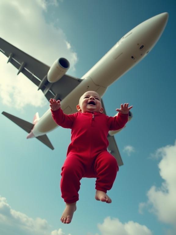 Extreme close-up dramatic low-angle shot. Crying baby falls rapidly through sky beneath a massive passenger jet. Intense sense of speed danger and scale.