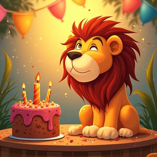 Image features a smiling lion celebrating a birthday. Lion sits beside a decorated birthday cake with candles. Warm lighting creates a festive atmosphere. Colorful decorations hang in the background.