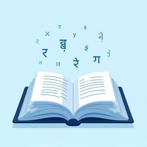 Minimalist icon for a school website. Features an open book at the center. Pages display abstract mathematical symbols and letters in English, Hindi, and Arabic. Flat design in shades of blue. Simple lines and high symmetry for a vector-style appearance. Square composition for icon use.