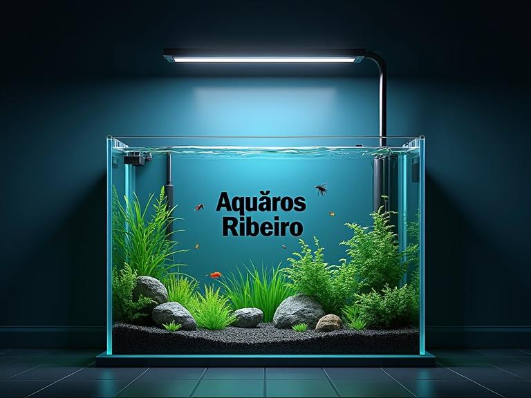 Scene shows a well-decorated aquarium with small colorful fish. The tank features aquatic plants, stones, and 3D floating text. Text reads 'Aquários Ribeiro'.