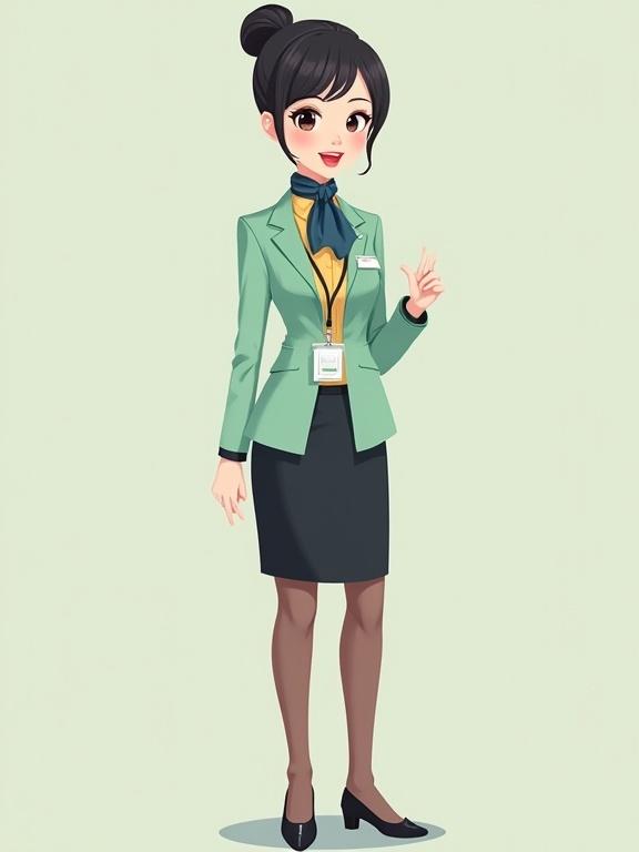 Cartoon-style image depicting a late-20s East Asian female airport ground staff in a uniform. She wears a pastel-yellow long-sleeve mandarin-collar blouse and a mint-green blazer over a black pencil skirt. Black closed-toe low-heel pumps finish her look. Hair is styled in a bun with light makeup and a friendly smile. Accessorized with a name tag, ID badge, and a dark-blue gingham scarf.