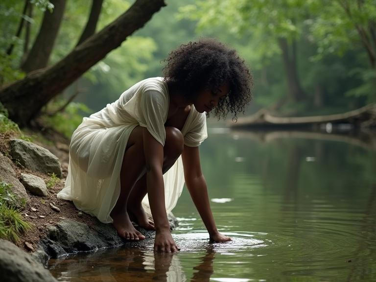 Photograph of a young woman by a tranquil pond in a forest. She has curly hair and wears a sheer white dress. She is touching the water, which reflects her figure. The scenery includes tall trees and a rocky shore. The lighting is soft, creating a peaceful atmosphere.