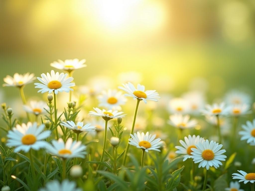 The image depicts a lush field of flowers under bright sunlight. The flowers primarily consist of delicate white daisies with vibrant yellow centers. The background is softly blurred, creating a dreamy atmosphere filled with gentle colors. Sunlight is filtering through, giving the scene a warm, golden glow. The greenery surrounding the flowers adds richness and vitality to the image. It's a peaceful and serene representation of nature, ideal for evoking feelings of calmness and joy.