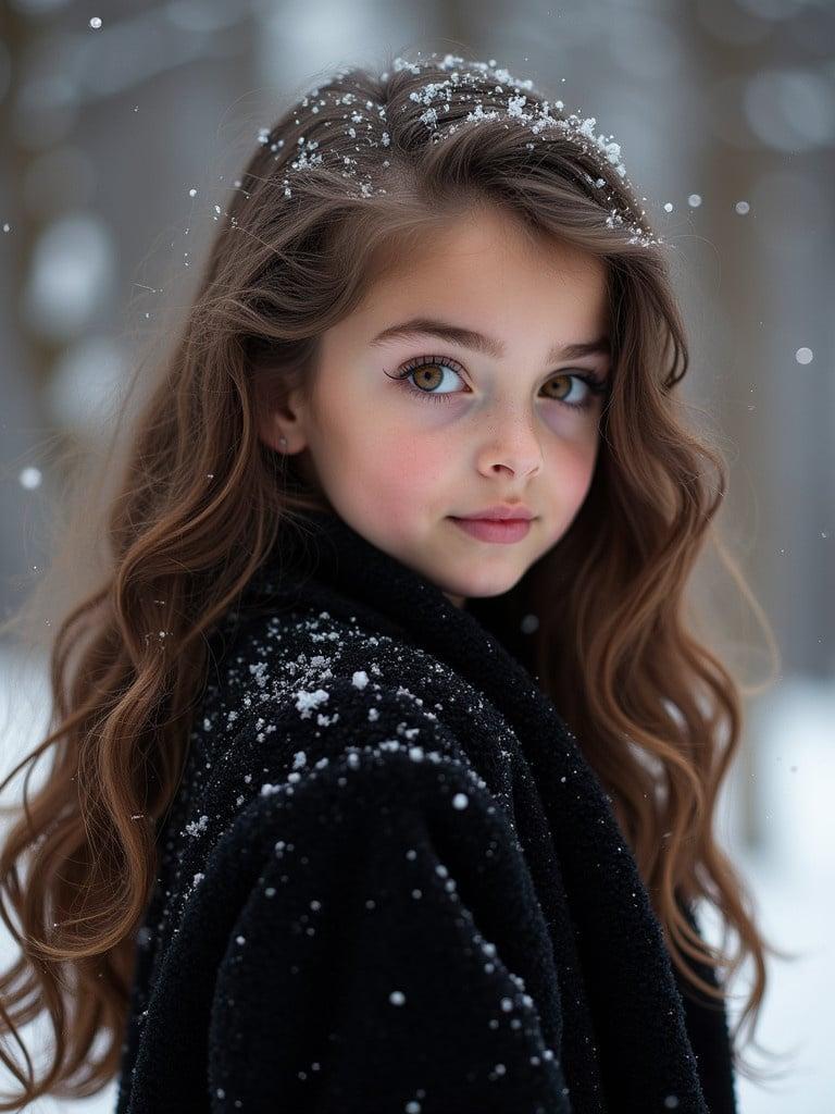 Girl has long wavy brown hair. She wears a black fancy jacket. Snow falls around her. The background has soft lights. The scene embodies a winter theme.