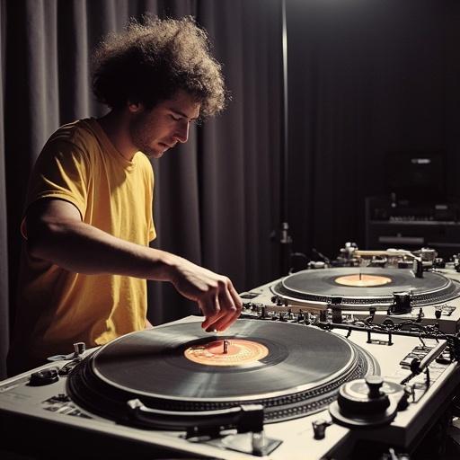 DJ performing live at a music championship using two turntables One hand skillfully manipulating a vinyl record The other hand poised for the next move Turntables positioned closely with a professional mixer on the right