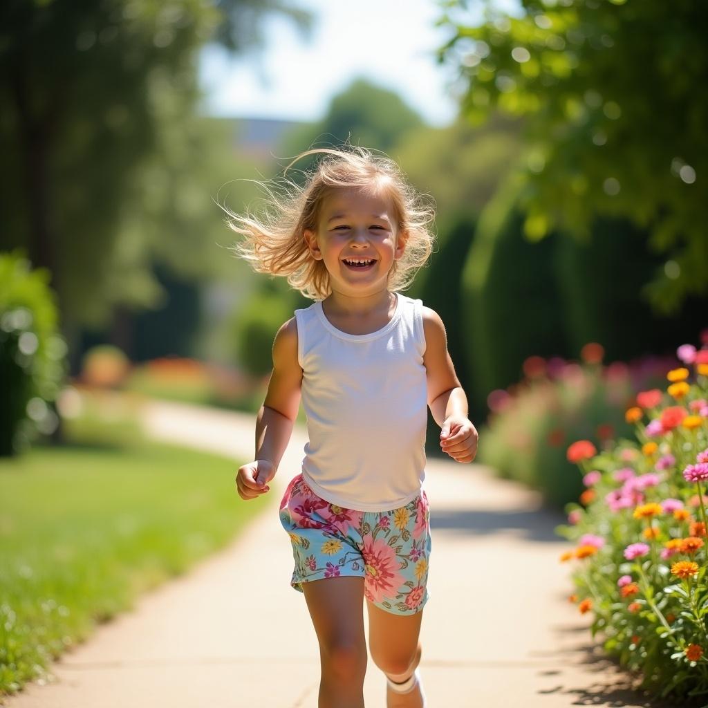 This image depicts a little girl running joyfully along a garden path on a sunny day. She is wearing a simple white tank top and colorful floral shorts. The pathway is lined with vibrant flowers, creating a cheerful and lively atmosphere. The girl has a big smile on her face, conveying happiness and freedom. The sunlight makes the scene bright and inviting, enhancing the playful mood of the moment.