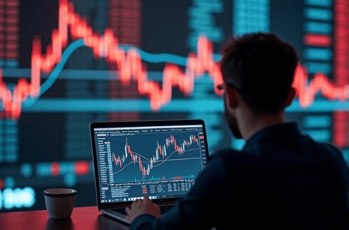 A person is engaging in trading activities using a laptop displaying a candlestick chart and a smartphone showing financial data.