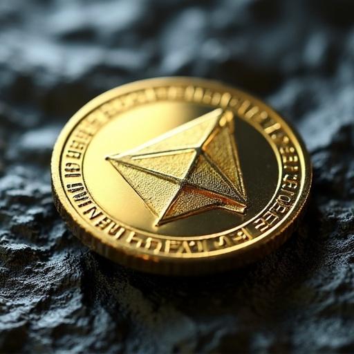 A close-up view of a shiny gold tether coin. The coin features a pyramid design on its surface. The background is textured and dark, highlighting the coin's features. The lighting is soft and creates a dramatic effect on the coin.